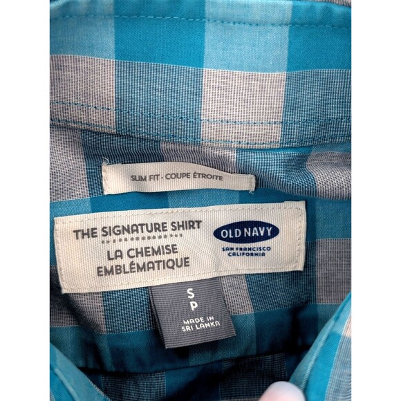 Old Navy The Signature Shirt Slim Fit Blue Plaid Button Check Men's Size Small - Picture 2 of 5
